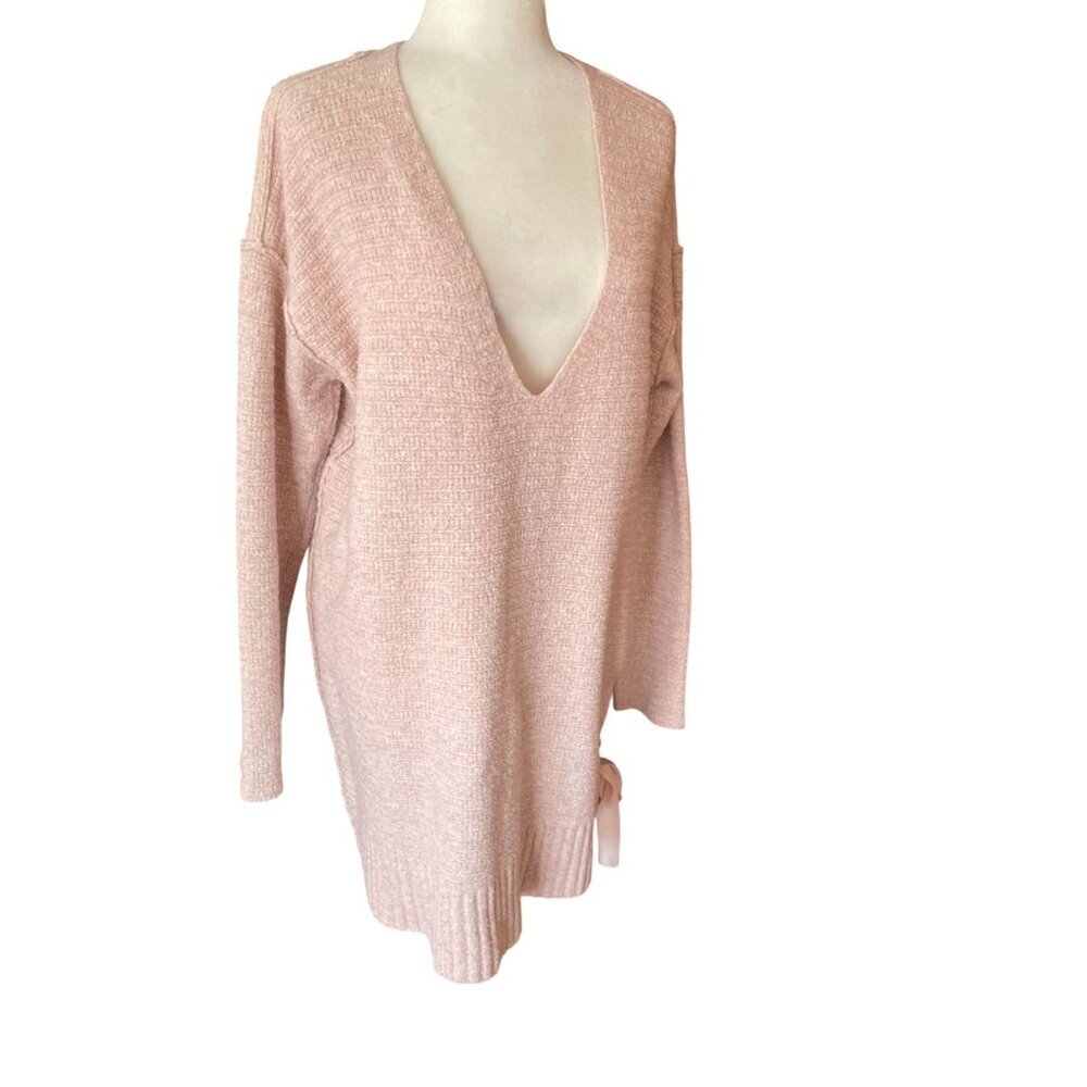 Free People Heart It Lace Up Oversized Sweater Tunic Dress in Ballet Pink SZ M - Picture 2 of 12
